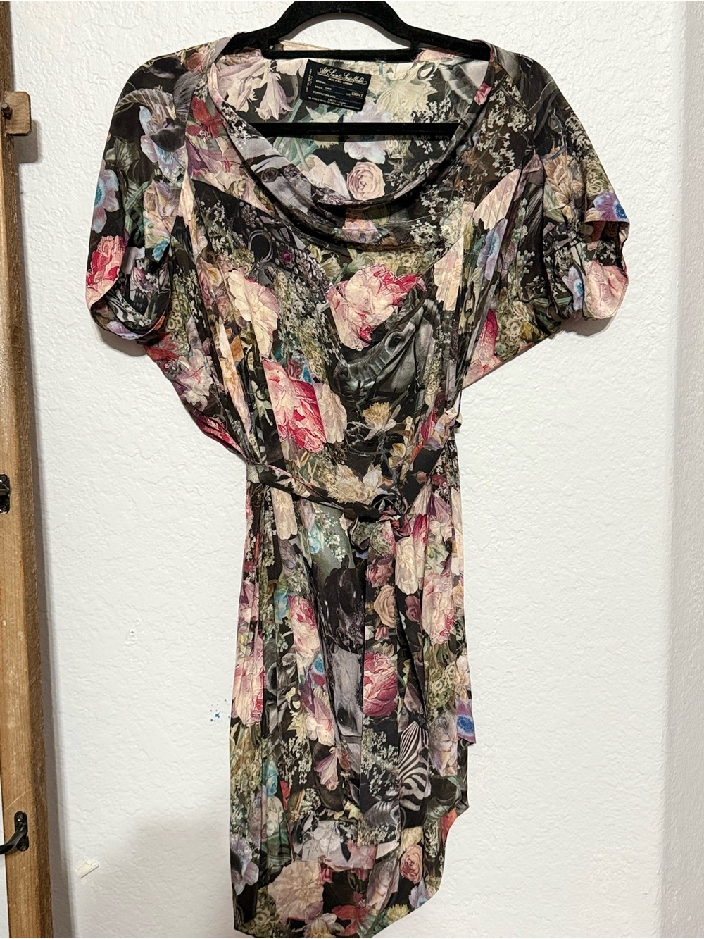 AllSaints Floral Mini Dress in Black with Pink, Cream and Green Accents SiLK
